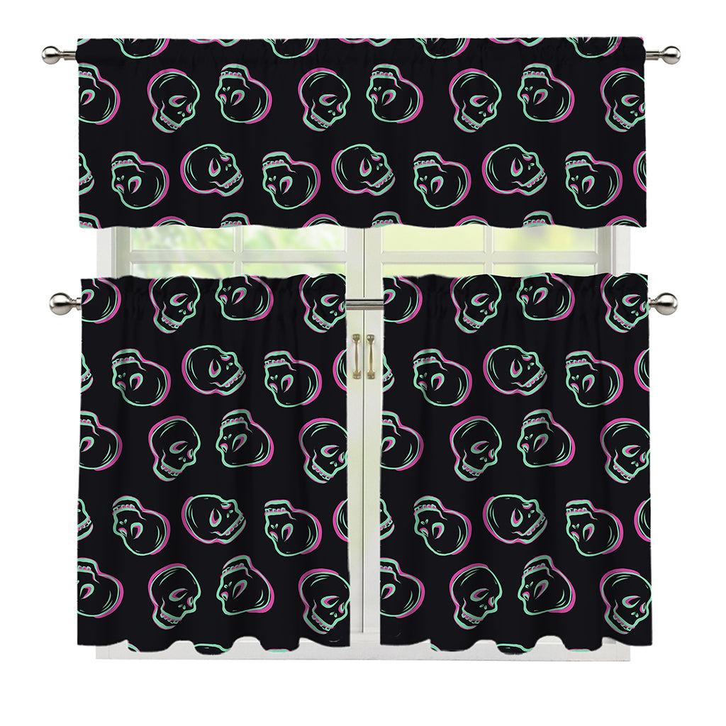 Purple And Teal Skull Pattern Print 3 Piece Kitchen Curtains