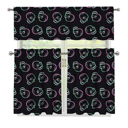 Purple And Teal Skull Pattern Print 3 Piece Kitchen Curtains