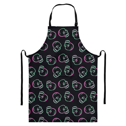 Purple And Teal Skull Pattern Print Bib Apron With Pocket