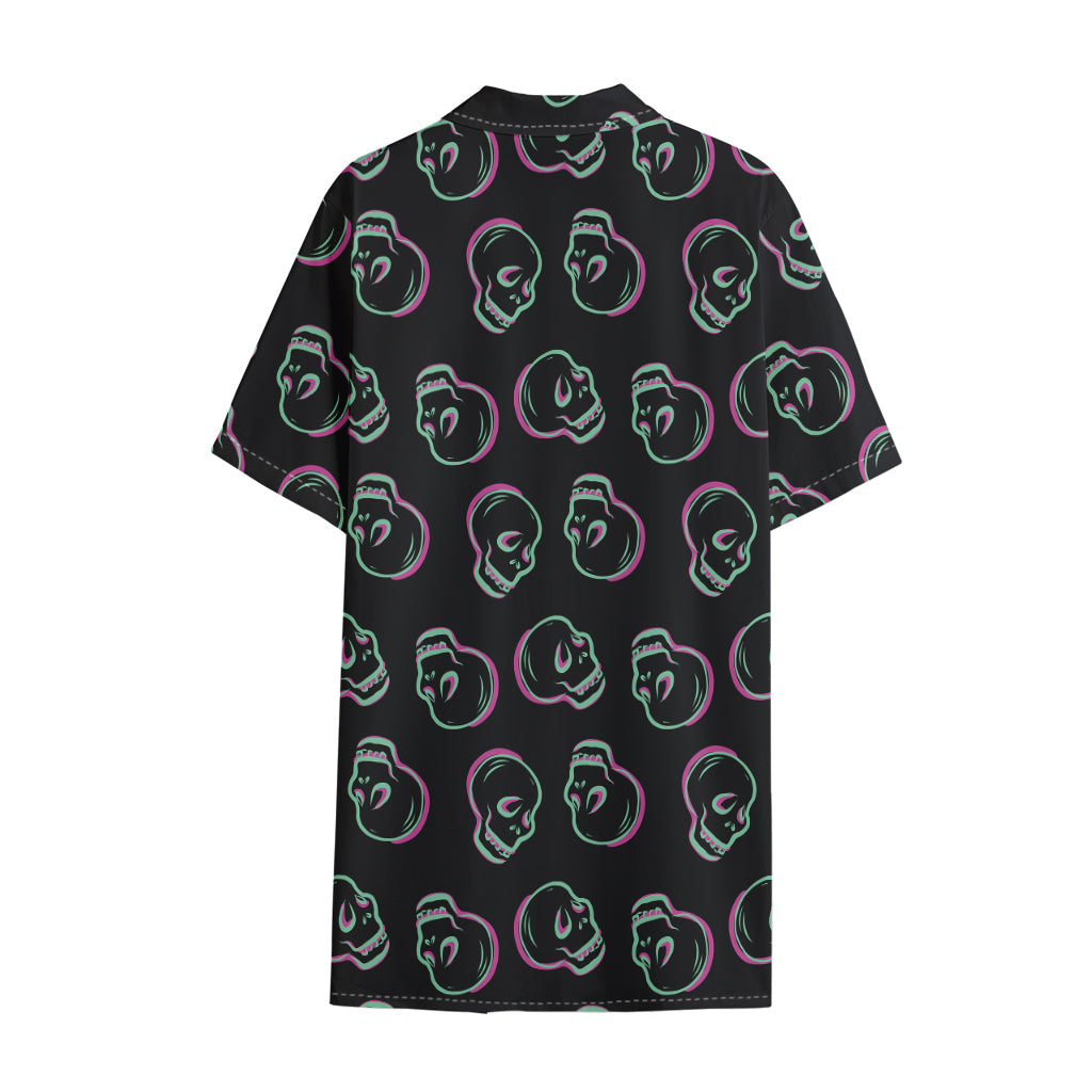 Purple And Teal Skull Pattern Print Cotton Hawaiian Shirt