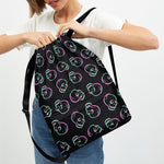 Purple And Teal Skull Pattern Print Drawstring Backpack