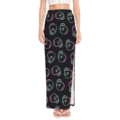 Purple And Teal Skull Pattern Print High Slit Maxi Skirt