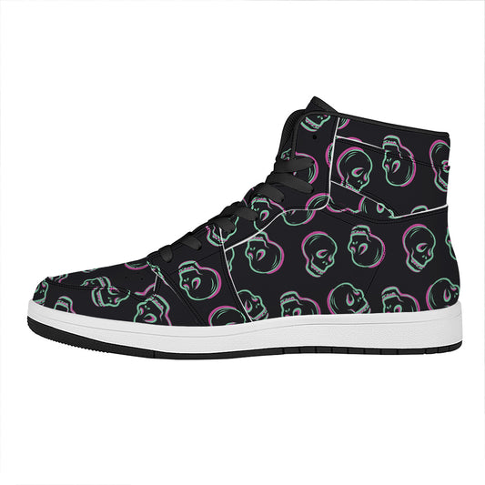 Purple And Teal Skull Pattern Print High Top Leather Sneakers