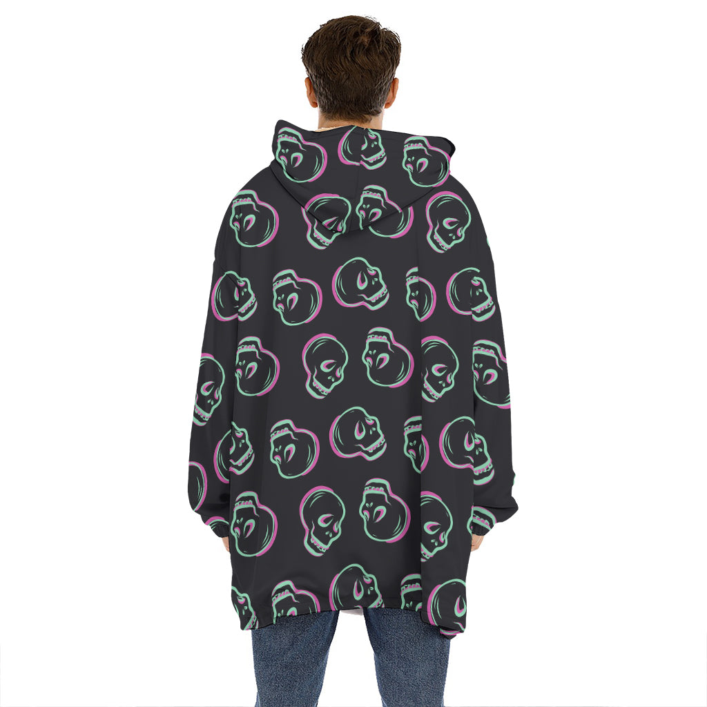 Purple And Teal Skull Pattern Print Hoodie Blanket