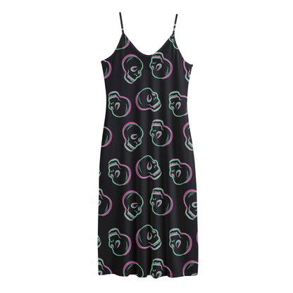 Purple And Teal Skull Pattern Print Jersey Midi Cami Dress