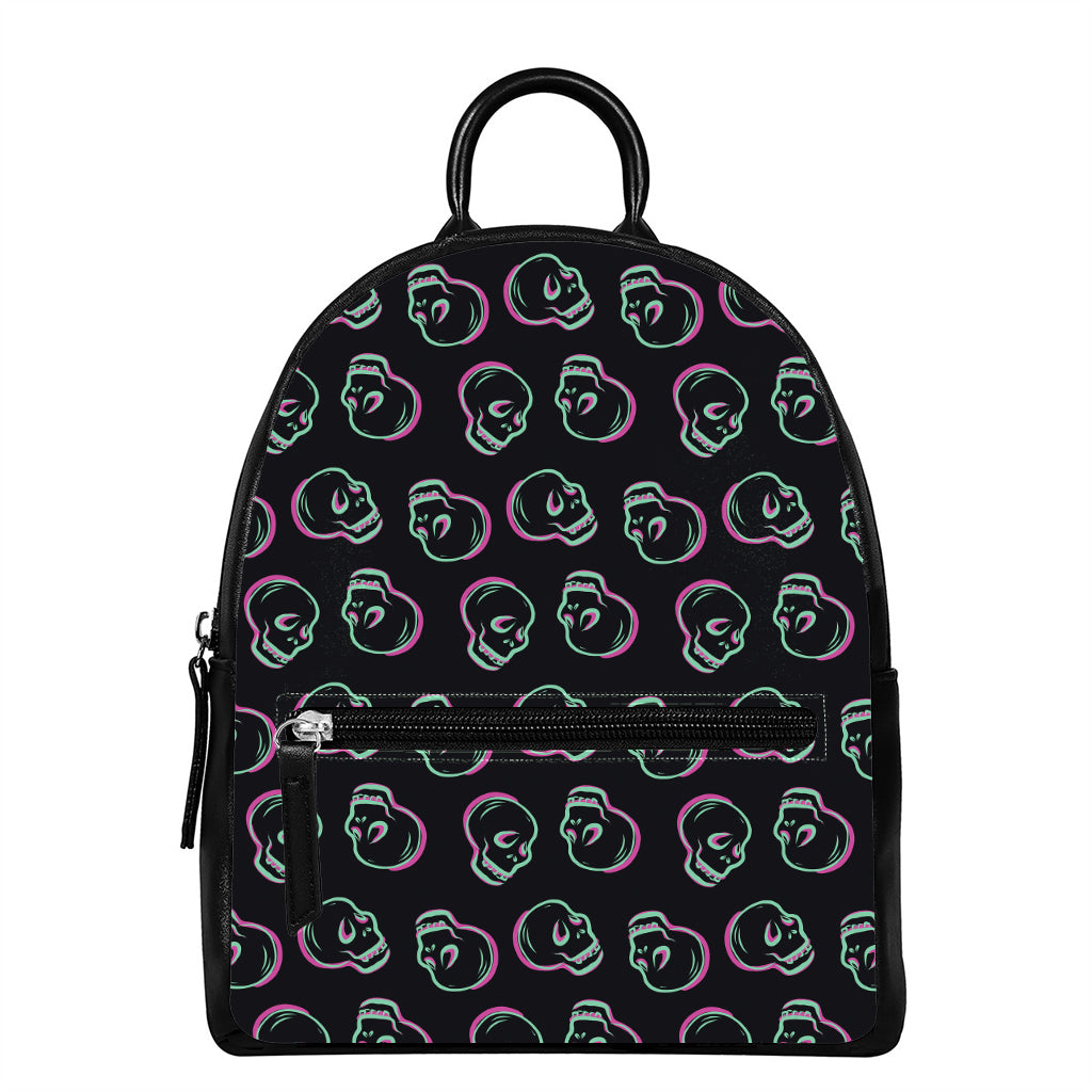 Purple And Teal Skull Pattern Print Leather Backpack