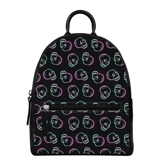 Purple And Teal Skull Pattern Print Leather Backpack