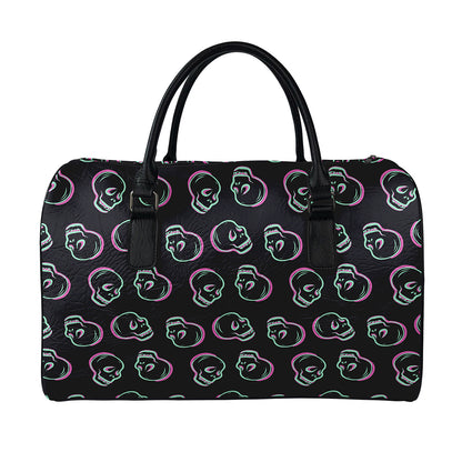Purple And Teal Skull Pattern Print Leather Duffle Bag