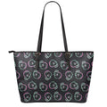 Purple And Teal Skull Pattern Print Leather Tote Bag With Zipper