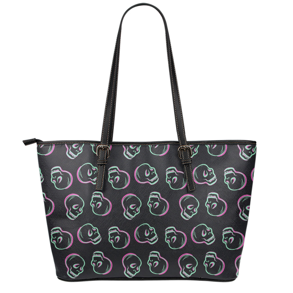 Purple And Teal Skull Pattern Print Leather Tote Bag