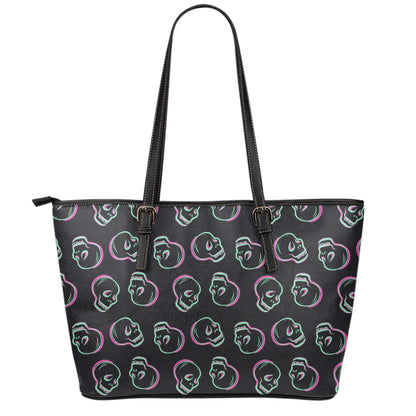 Purple And Teal Skull Pattern Print Leather Tote Bag