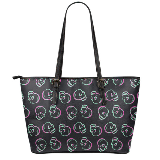 Purple And Teal Skull Pattern Print Leather Tote Bag