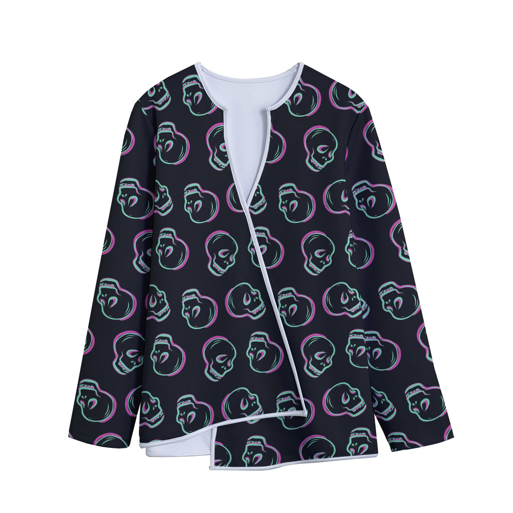 Purple And Teal Skull Pattern Print Long Sleeve Short Coat