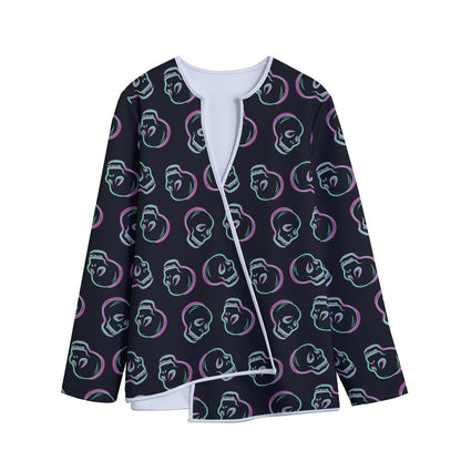 Purple And Teal Skull Pattern Print Long Sleeve Short Coat