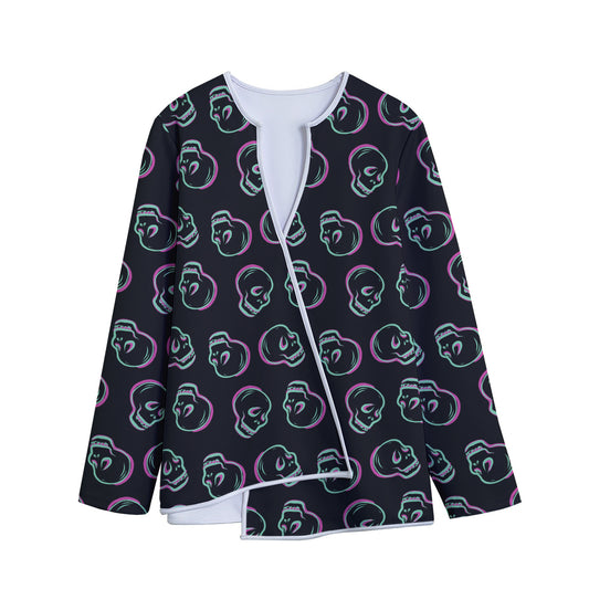 Purple And Teal Skull Pattern Print Long Sleeve Short Coat