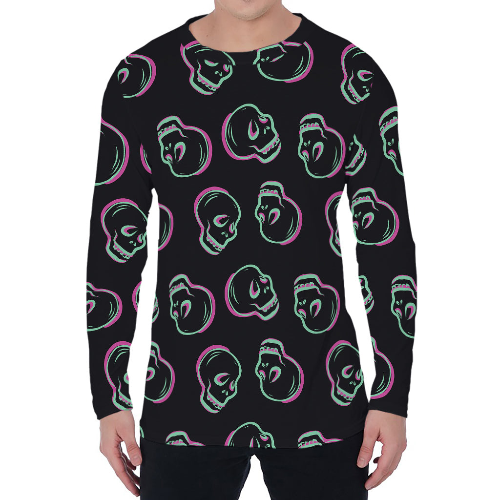Purple And Teal Skull Pattern Print Men's Long Sleeve T-Shirt