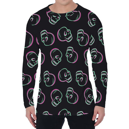 Purple And Teal Skull Pattern Print Men's Long Sleeve T-Shirt