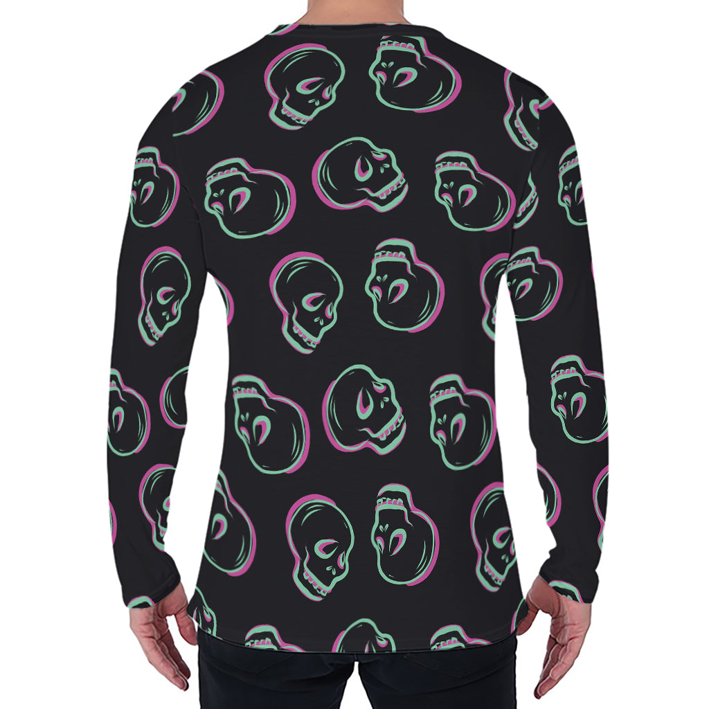Purple And Teal Skull Pattern Print Men's Long Sleeve T-Shirt
