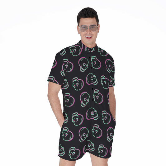 Purple And Teal Skull Pattern Print Men's Rompers
