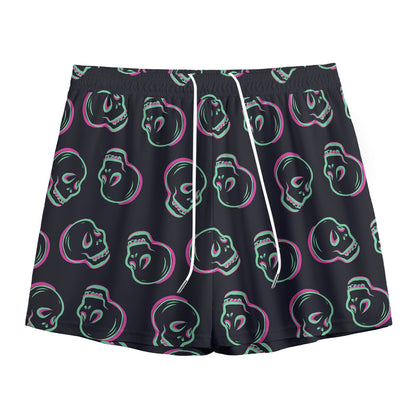 Purple And Teal Skull Pattern Print Mesh Shorts