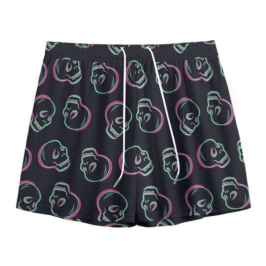 Purple And Teal Skull Pattern Print Mesh Shorts
