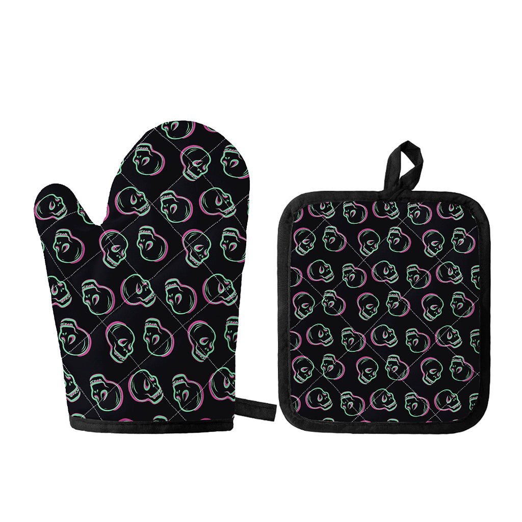 Purple And Teal Skull Pattern Print Oven Mitt And Pot Holder Set