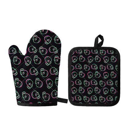 Purple And Teal Skull Pattern Print Oven Mitt And Pot Holder Set