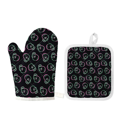 Purple And Teal Skull Pattern Print Oven Mitt And Pot Holder Set