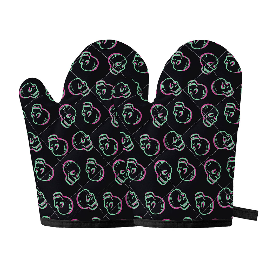Purple And Teal Skull Pattern Print Oven Mitts