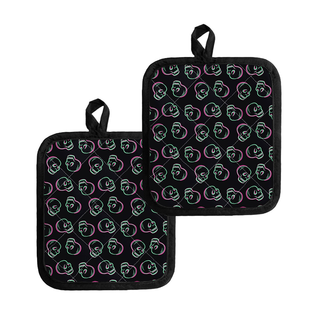 Purple And Teal Skull Pattern Print Pot Holders