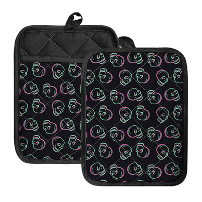 Purple And Teal Skull Pattern Print Pot Holders With Pocket