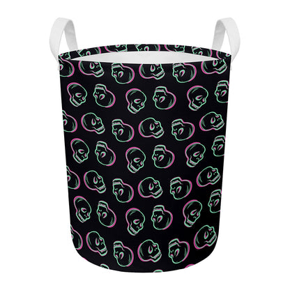 Purple And Teal Skull Pattern Print Round Laundry Basket