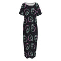 Purple And Teal Skull Pattern Print Short Sleeve Long Nightdress