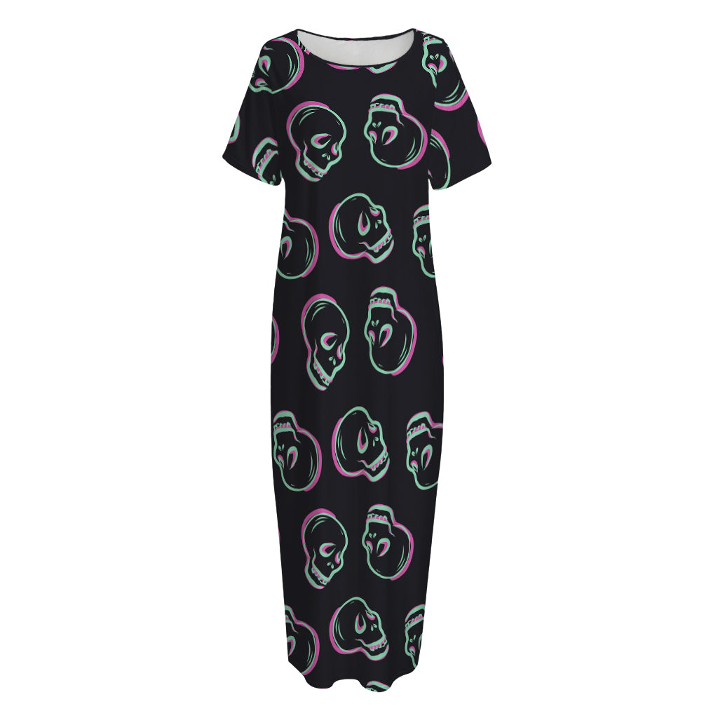 Purple And Teal Skull Pattern Print Short Sleeve Long Nightdress