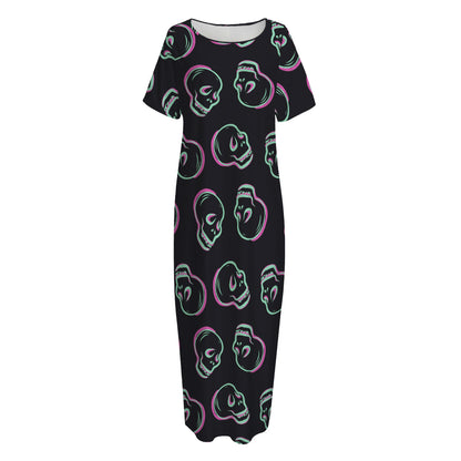 Purple And Teal Skull Pattern Print Short Sleeve Long Nightdress