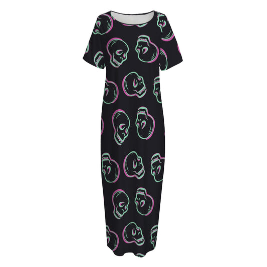 Purple And Teal Skull Pattern Print Short Sleeve Long Nightdress