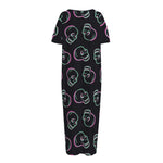 Purple And Teal Skull Pattern Print Short Sleeve Long Nightdress