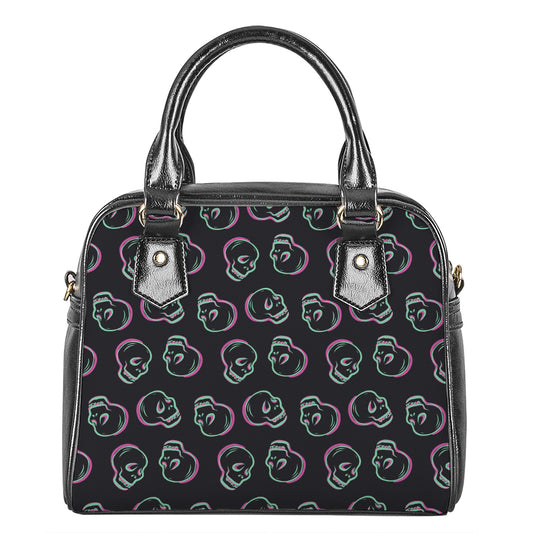 Purple And Teal Skull Pattern Print Shoulder Handbag