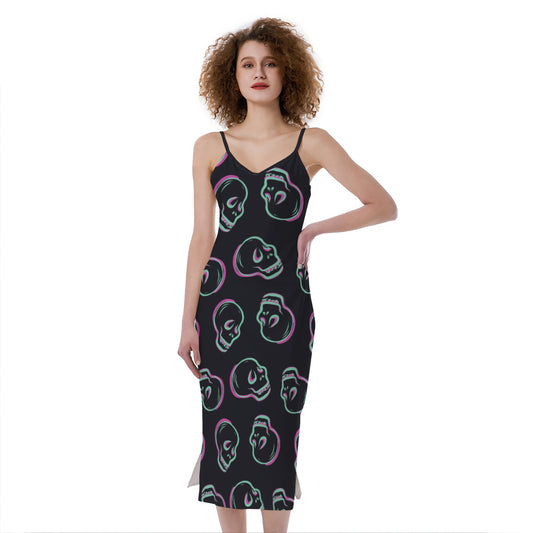 Purple And Teal Skull Pattern Print Slim Fit Midi Cami Dress