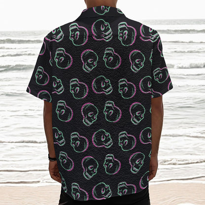 Purple And Teal Skull Pattern Print Textured Short Sleeve Shirt