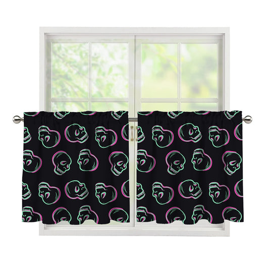 Purple And Teal Skull Pattern Print Tier Curtains