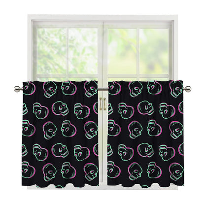 Purple And Teal Skull Pattern Print Tier Curtains