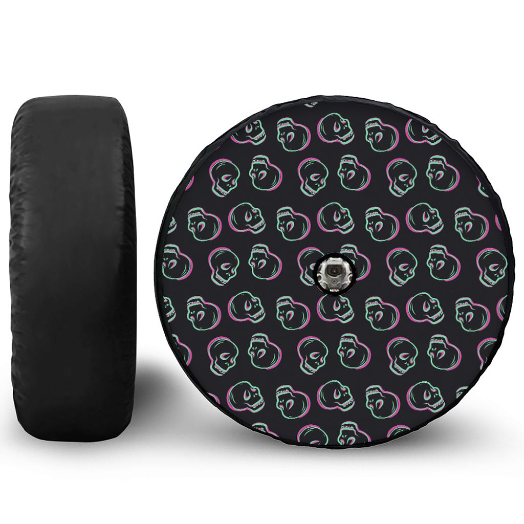 Purple And Teal Skull Pattern Print Tire Cover With Camera Hole
