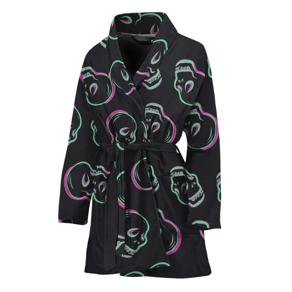 Purple And Teal Skull Pattern Print Women's Bathrobe
