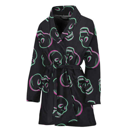 Purple And Teal Skull Pattern Print Women's Bathrobe