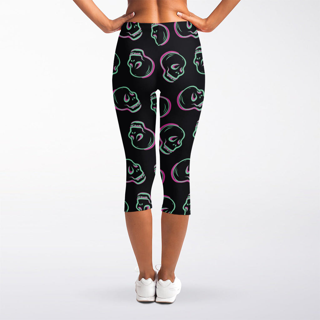 Purple And Teal Skull Pattern Print Women's Capri Leggings