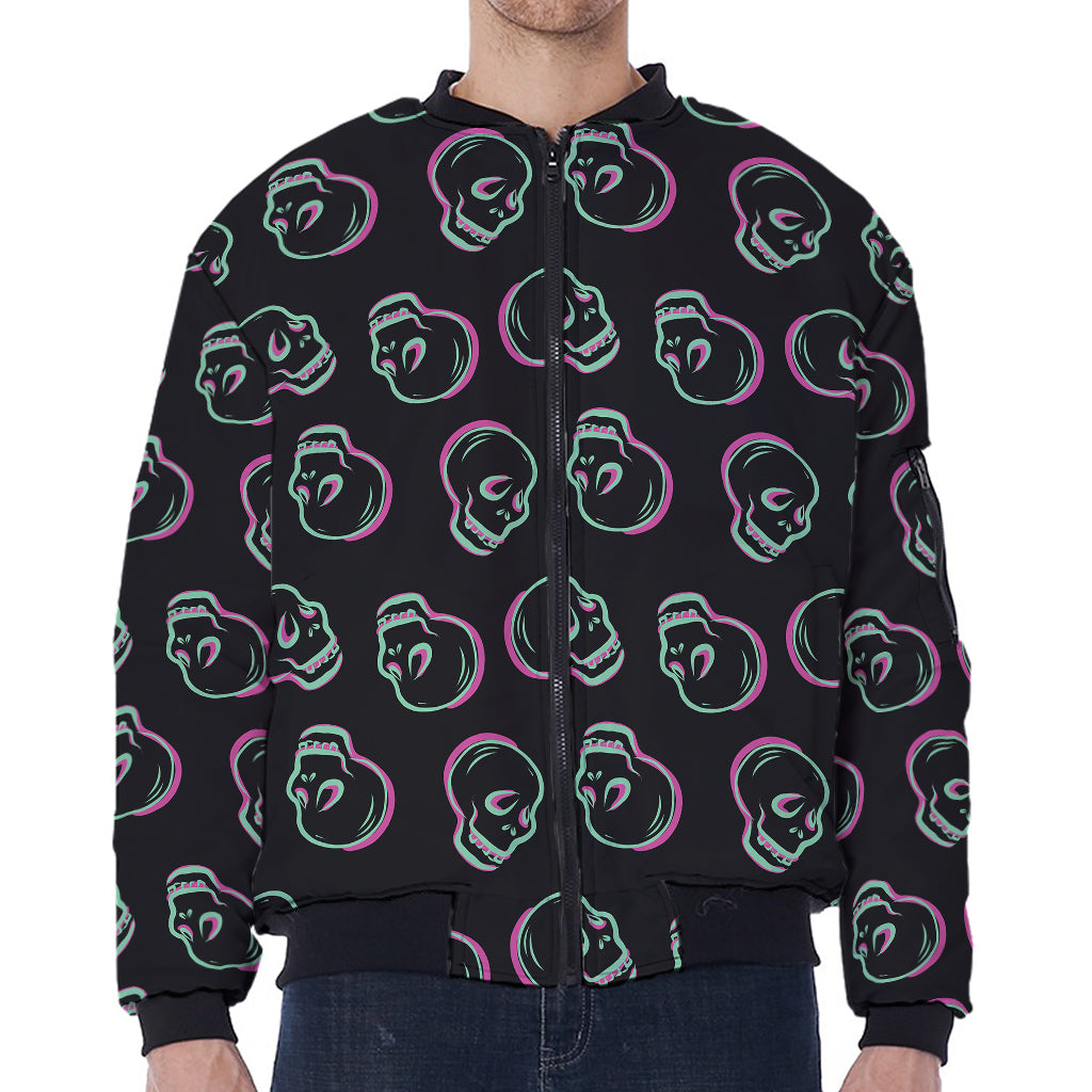 Purple And Teal Skull Pattern Print Zip Sleeve Bomber Jacket