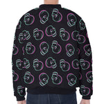Purple And Teal Skull Pattern Print Zip Sleeve Bomber Jacket