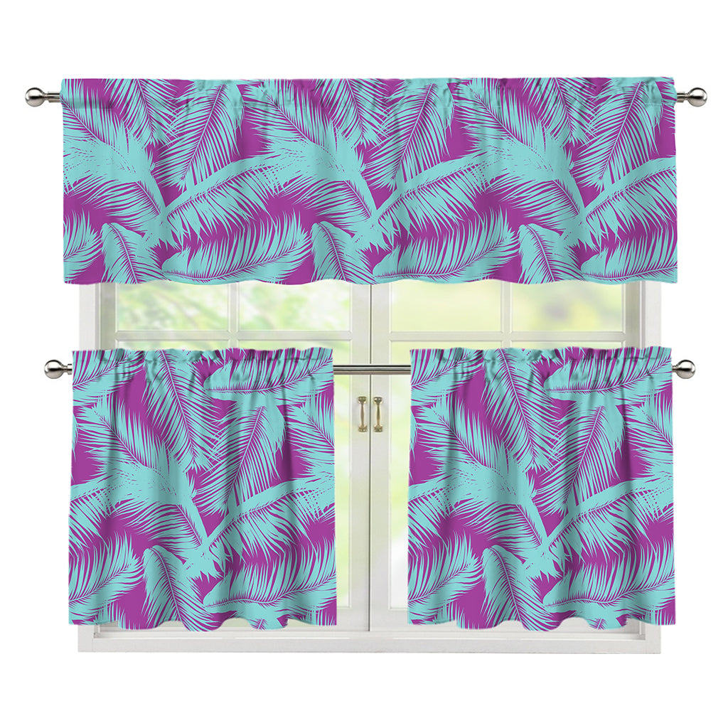 Purple And Teal Tropical Leaf Print 3 Piece Kitchen Curtains