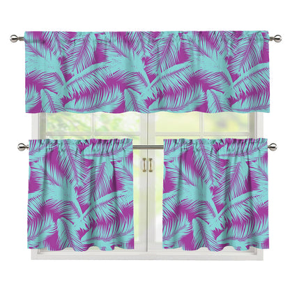 Purple And Teal Tropical Leaf Print 3 Piece Kitchen Curtains